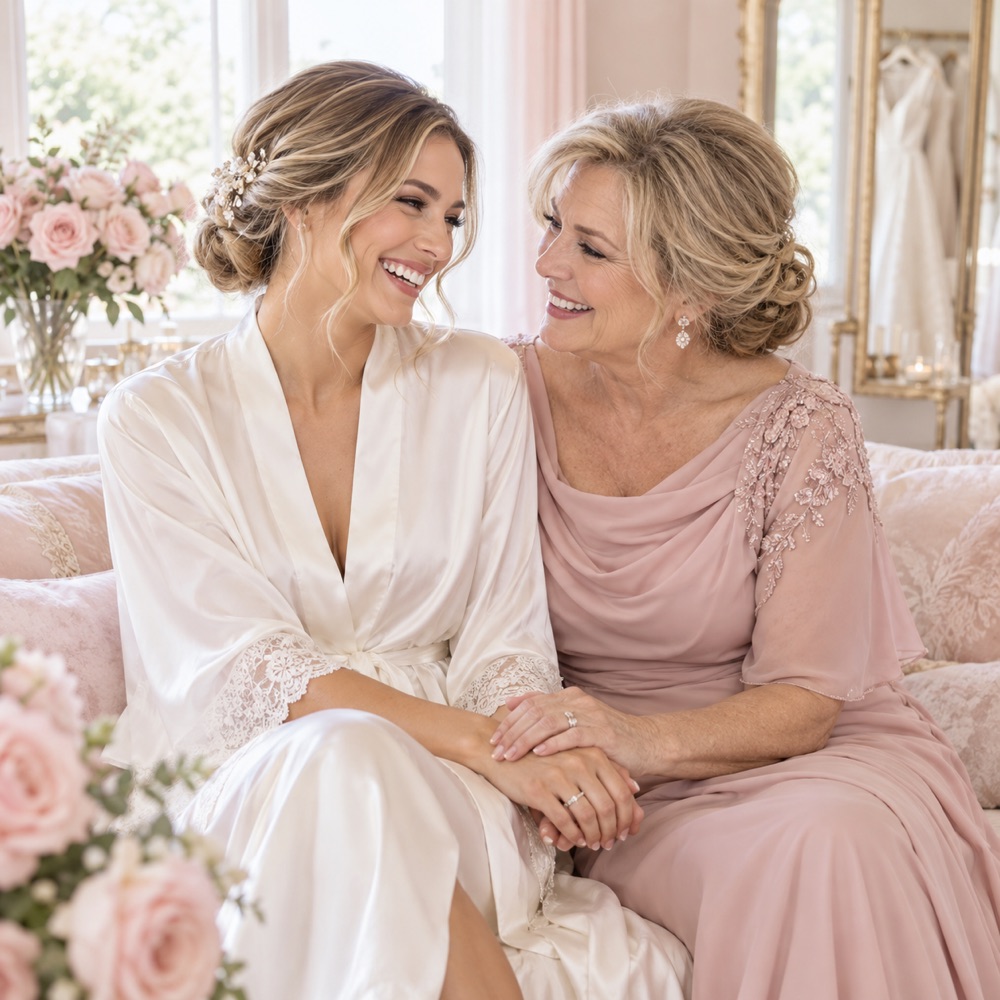 Bride laughing with her mom